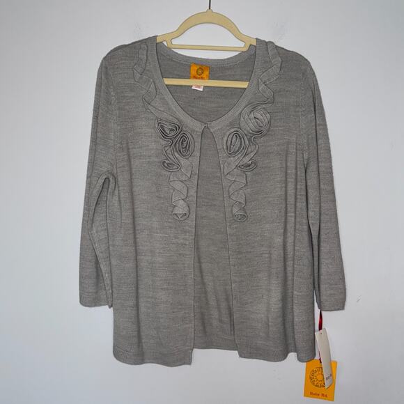 Ruby Rd Womens NEW Gray Cardigan Size XL Rosettes Details 3/4 Sleeve Classic - Picture 1 of 6